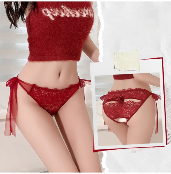 FEE ET MOI - Sexy Sheer Ribbon-Tie Crotchless Lace Panties (Red)
